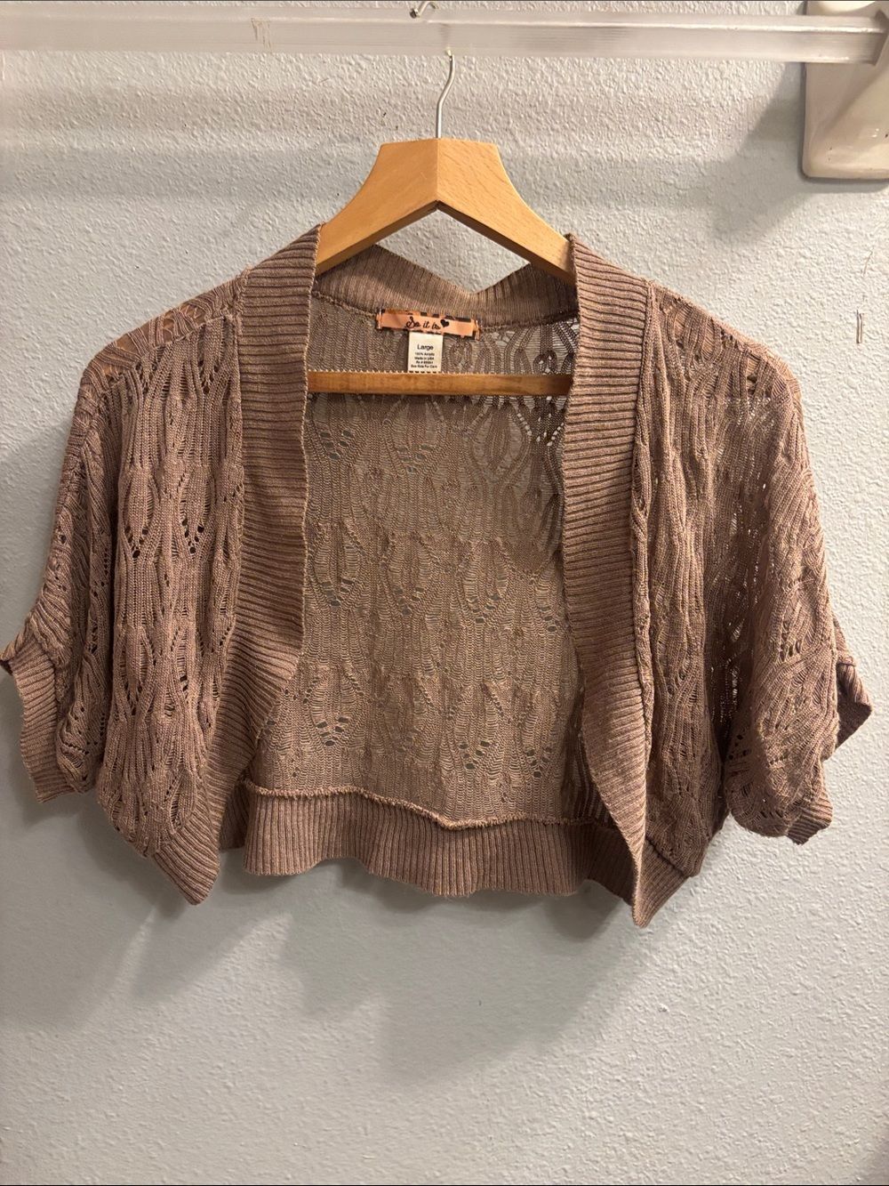 Open-Knit Cropped Shrug Cardigan in Taupe
